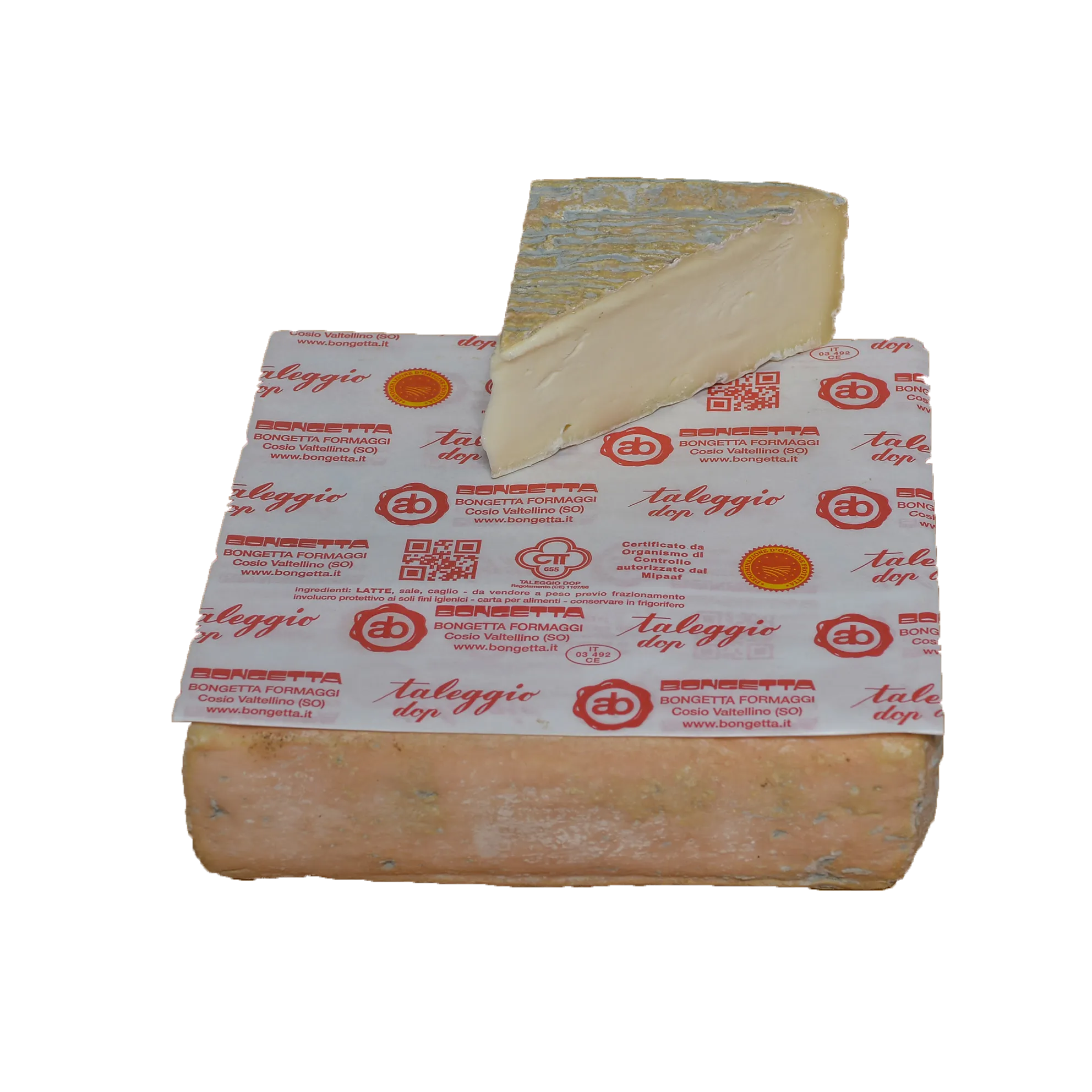 Taleggio DOP resting on Bongetta’s own wrapping paper, printed with the company name and Cosio Valtellino; a cut wedge shows the pale paste under the rind.